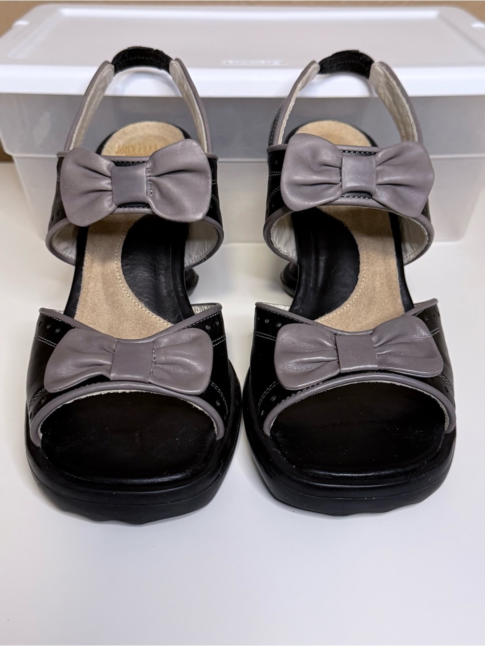 ✨ Fluevog | Mini Bips Slingback Open Toe Shoe Black w/Gray Bows 6.5 Vintage Rare